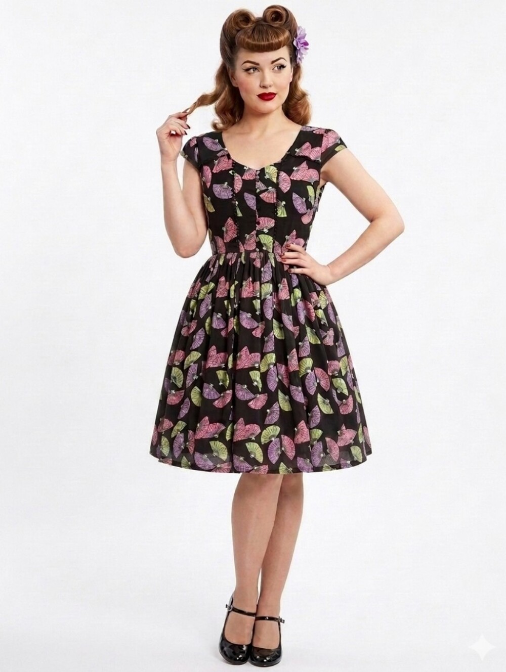 Lindy Bop Novelty Geisha Fan Print Dress Size 10 Asian Pin-up Girl Retro